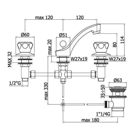 DA056 DANUBIO GRUPPO LAVABO 3 FORI ø1.1/4" CROMATO PAFFONI-Archigo.it