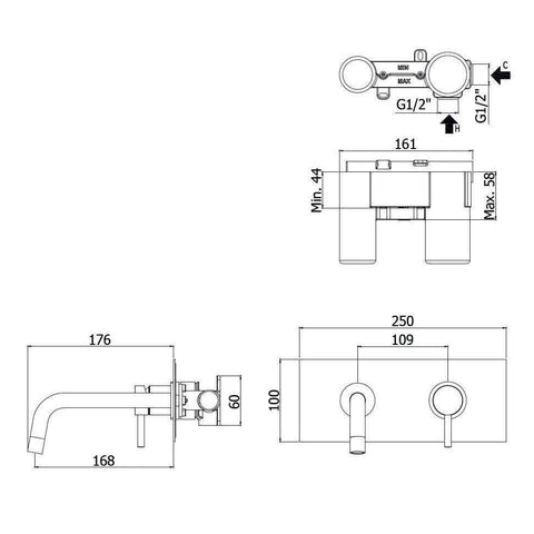 LIG101 70 LIGHT MISCELATORE LAVABO INCASSO 2FORI NERO OPACO E PIASTRA INOX PAFFONI-Archigo.it