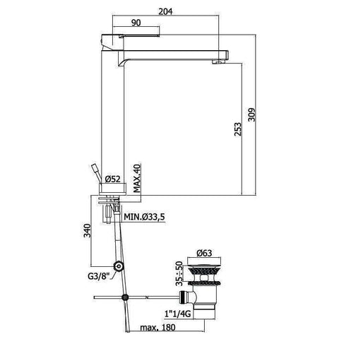 WS085 WEST MISCELATORE MONOCOMANDO LAVABO PROLUNGATO ø1.1/4" CROMATO PAFFONI-Archigo.it